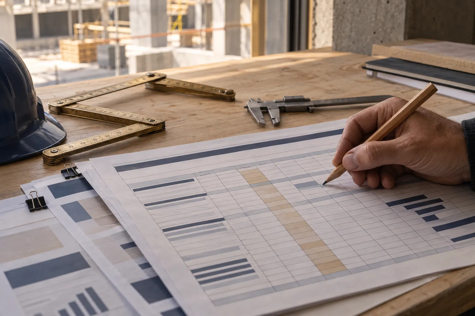Suivi comptable de chantier : situation de travaux, métré et règle de maçon sur un plan