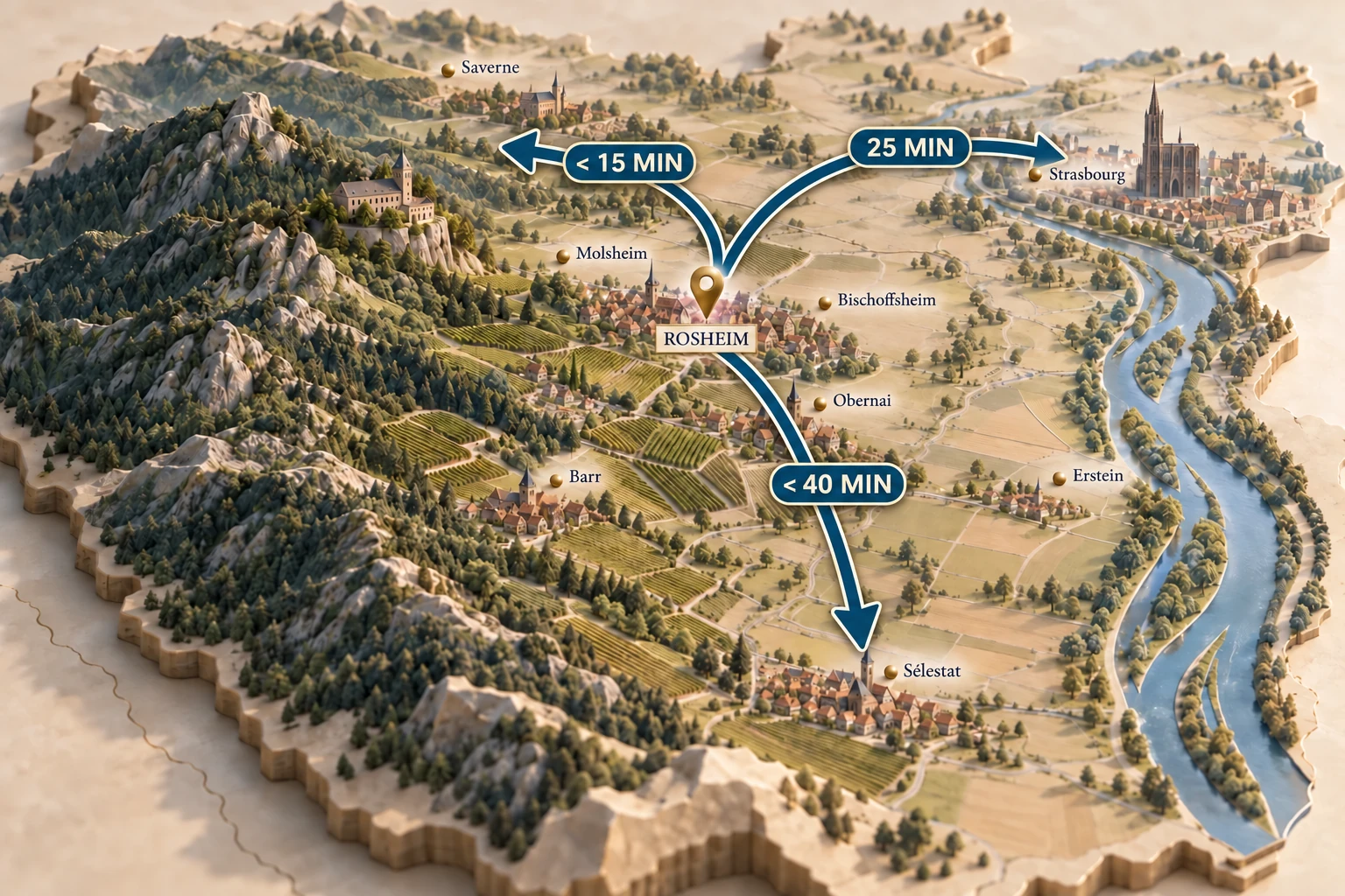 Illustration cartographique en relief de l’Alsace, avec Rosheim au centre, les Vosges, le Mont Sainte-Odile, Strasbourg et le Rhin