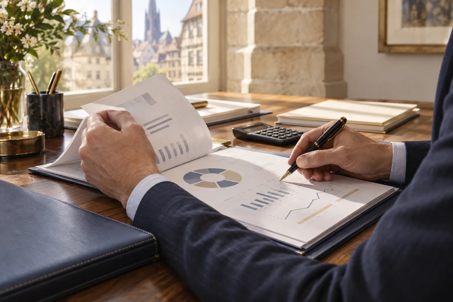 Expert-comptable annotant un dossier de gestion et ses graphiques, à son bureau