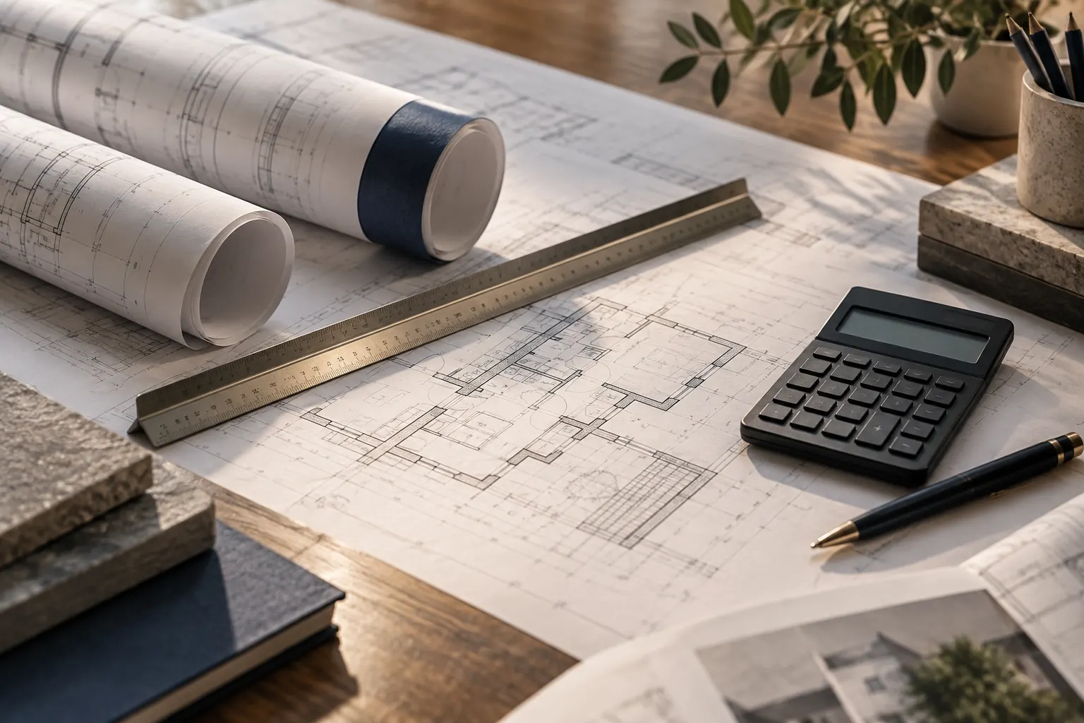 Plans de construction roulés, règle et calculatrice sur un plan d’exécution