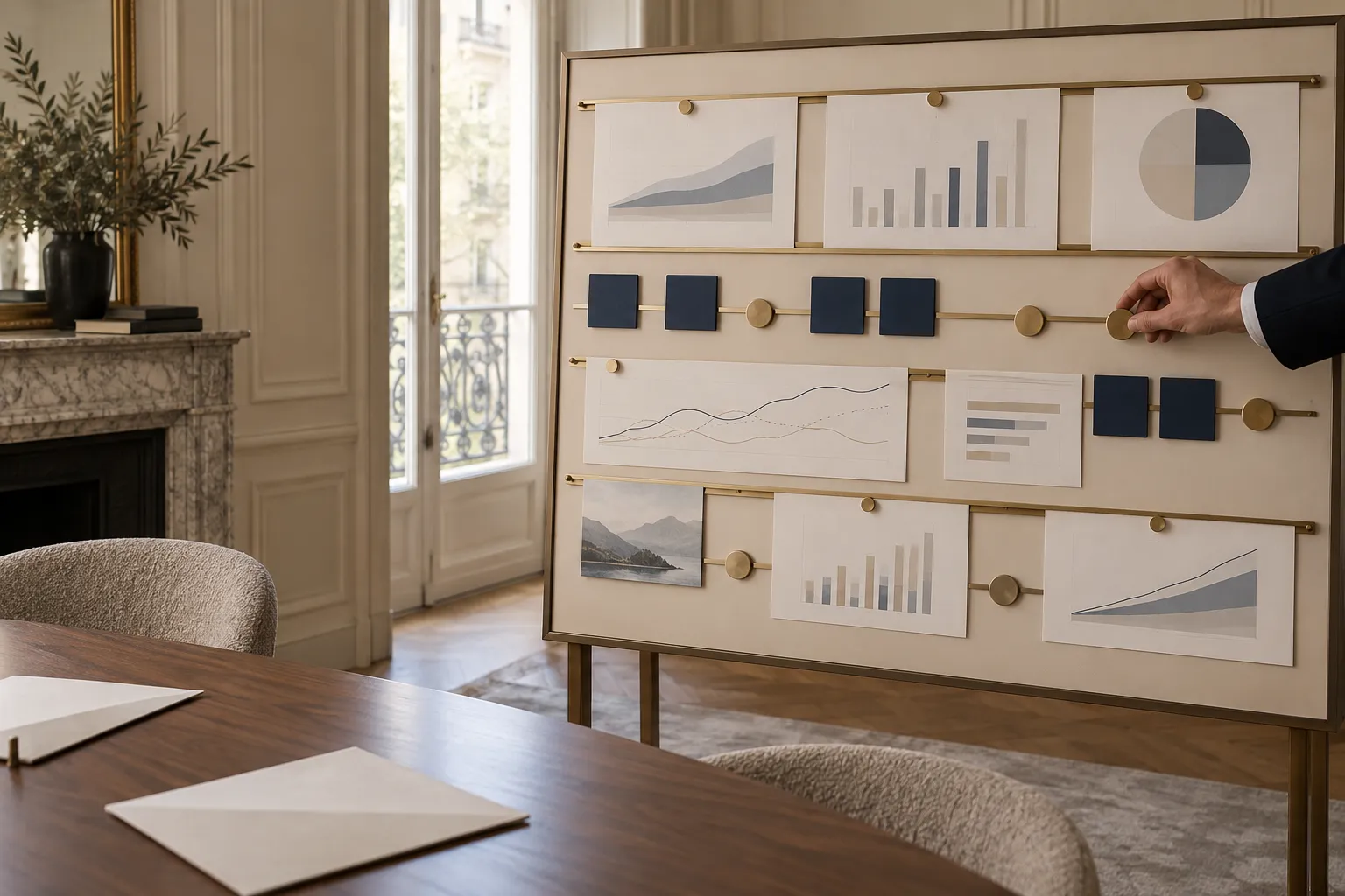 Tableau de bord de pilotage financier affiché sur un panneau, graphiques de marge et de trésorerie
