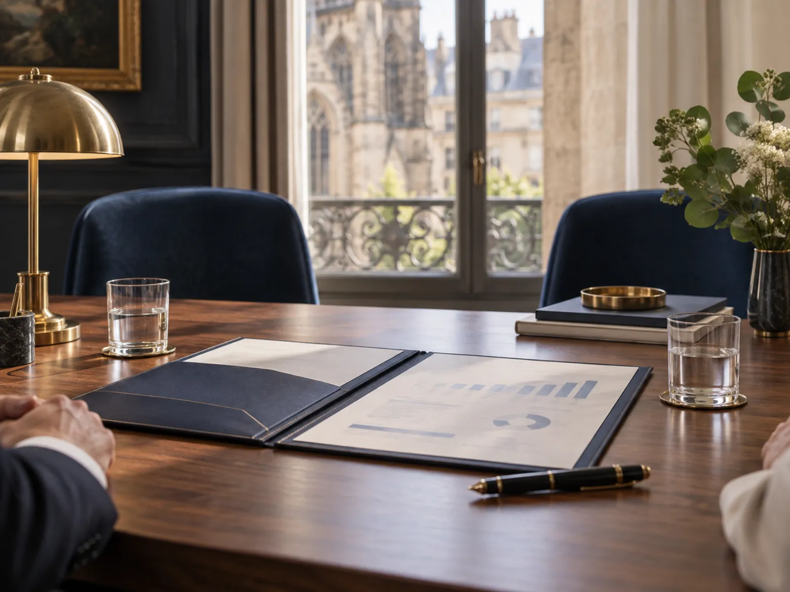 Table de réunion prête pour un rendez-vous bancaire : porte-documents marine ouvert sur un prévisionnel, stylo et lampe en laiton