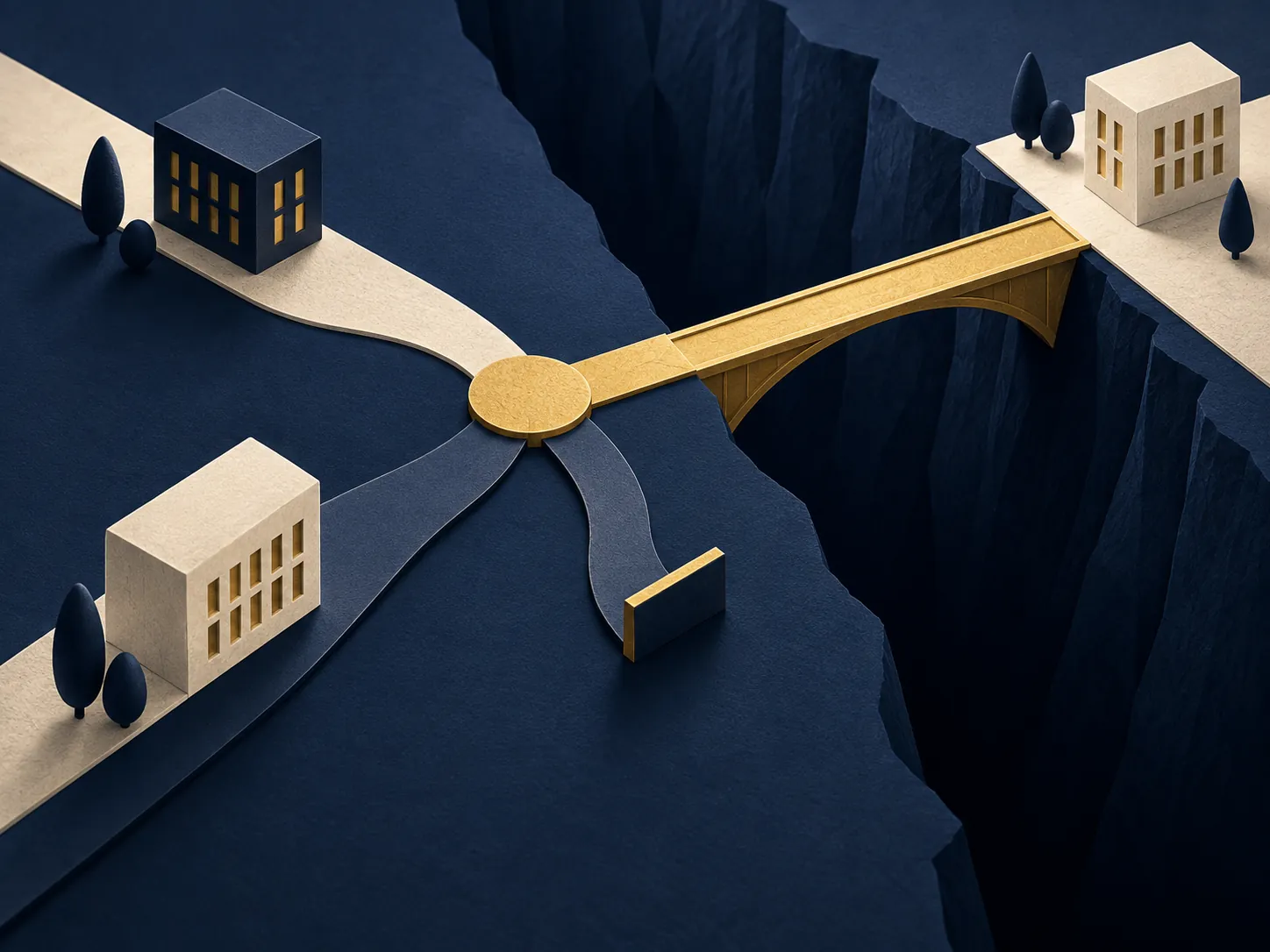 Illustration : un pont doré relie deux rives, image du passage que représente une création d’entreprise