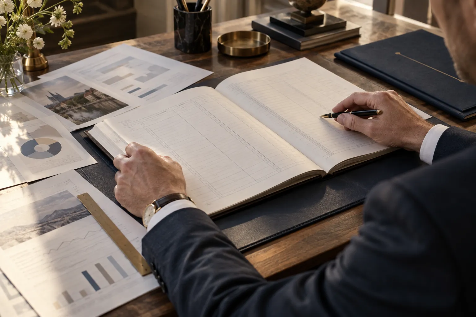 Dossier fiscal ouvert sur un bureau, avec relevés et tableau de synthèse