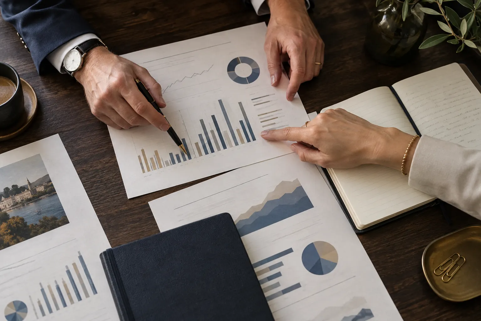 Deux personnes examinant des graphiques de résultat et un tableau d’arbitrage fiscal