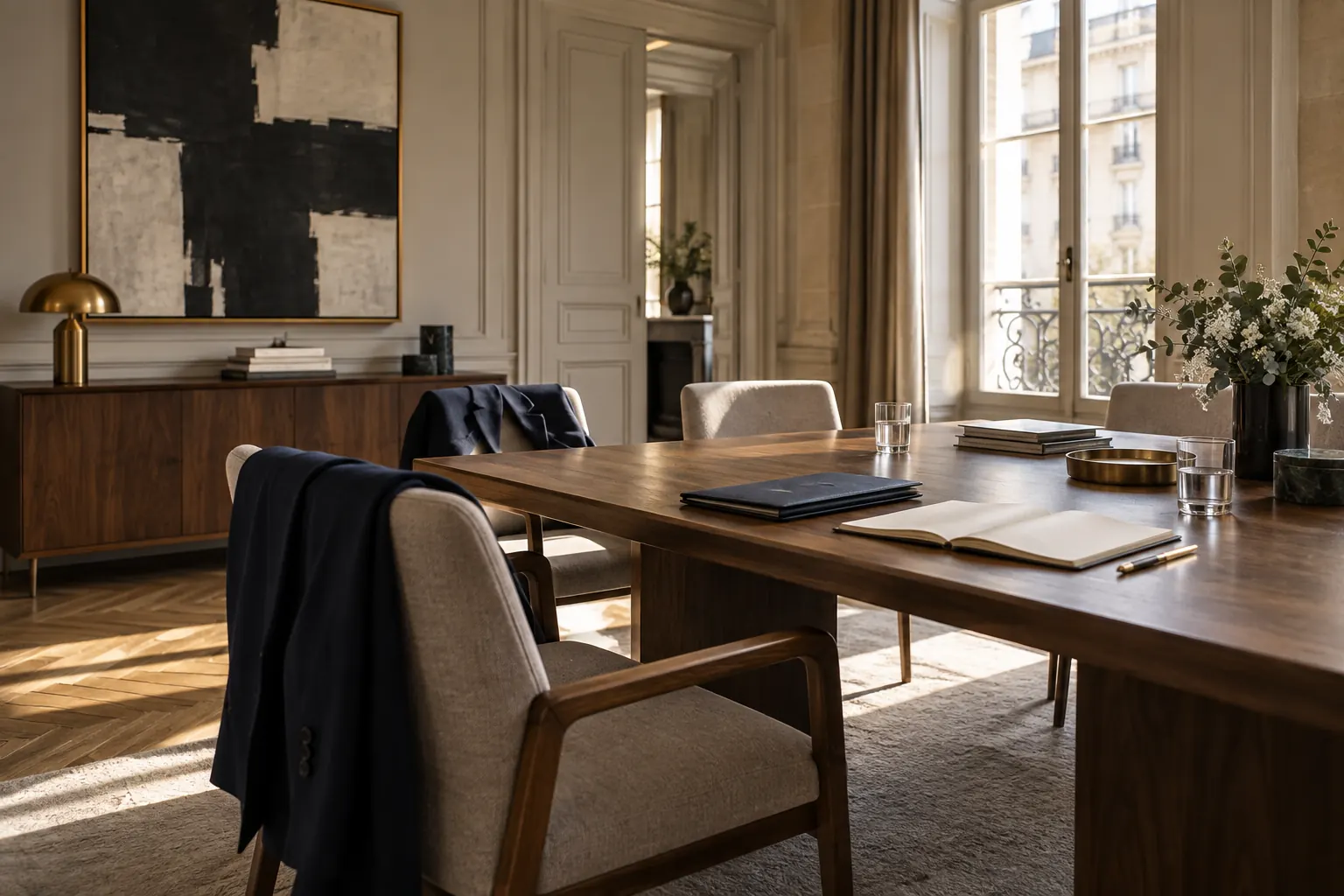 Table de réunion en noyer du cabinet, baignée de lumière naturelle, carnet et dossier posés dessus