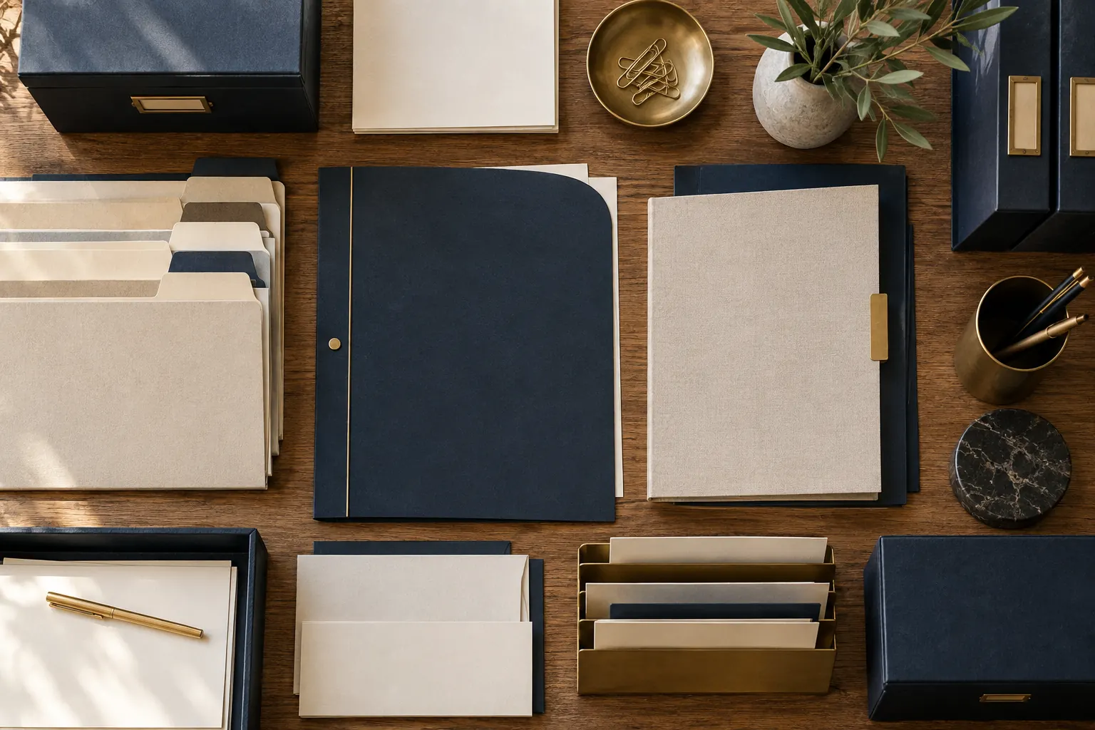 Dossiers et chemises du cabinet disposés à plat sur un plan de travail