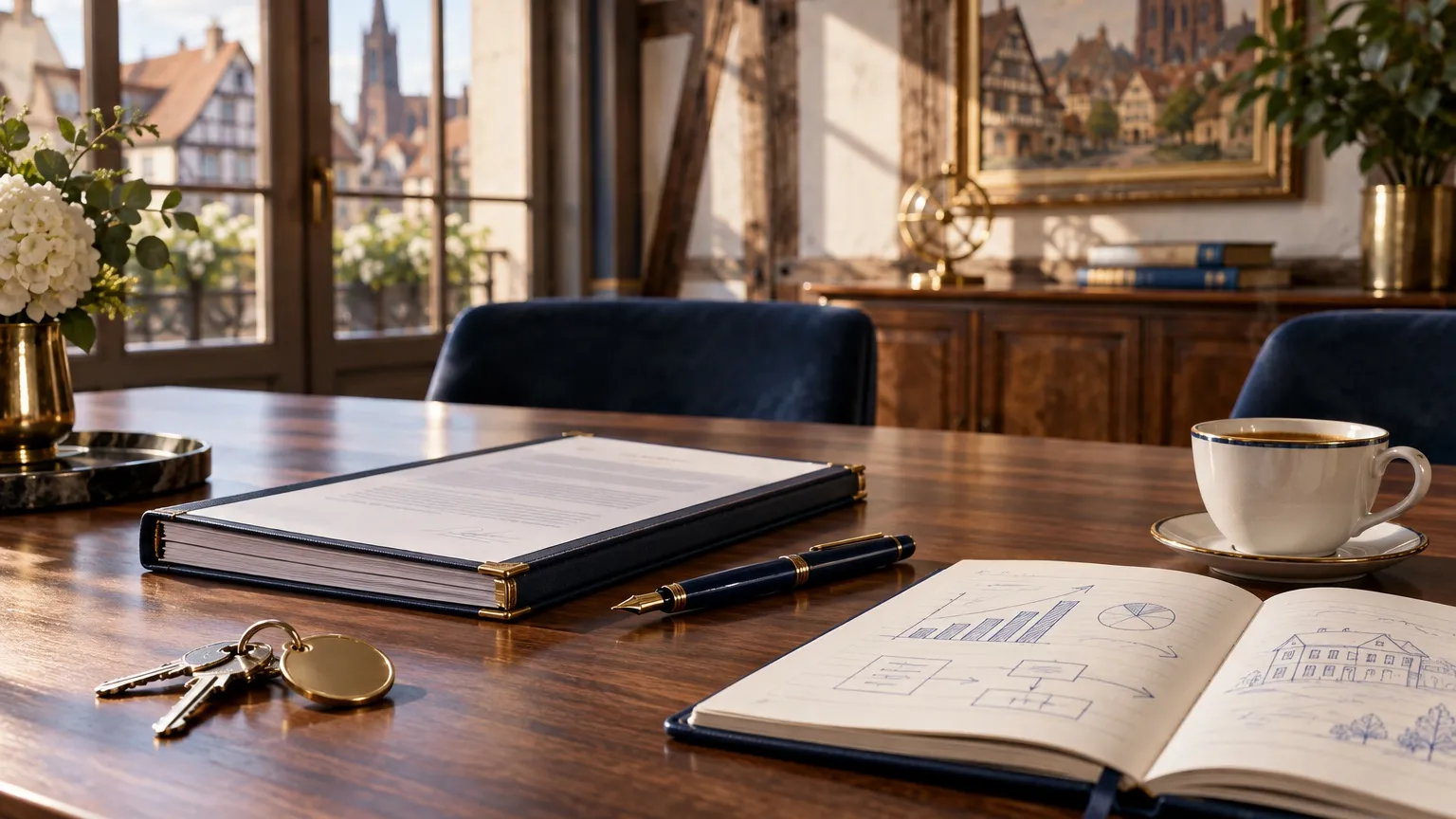 Statuts de société, clés neuves et plan de financement sur une table de réunion