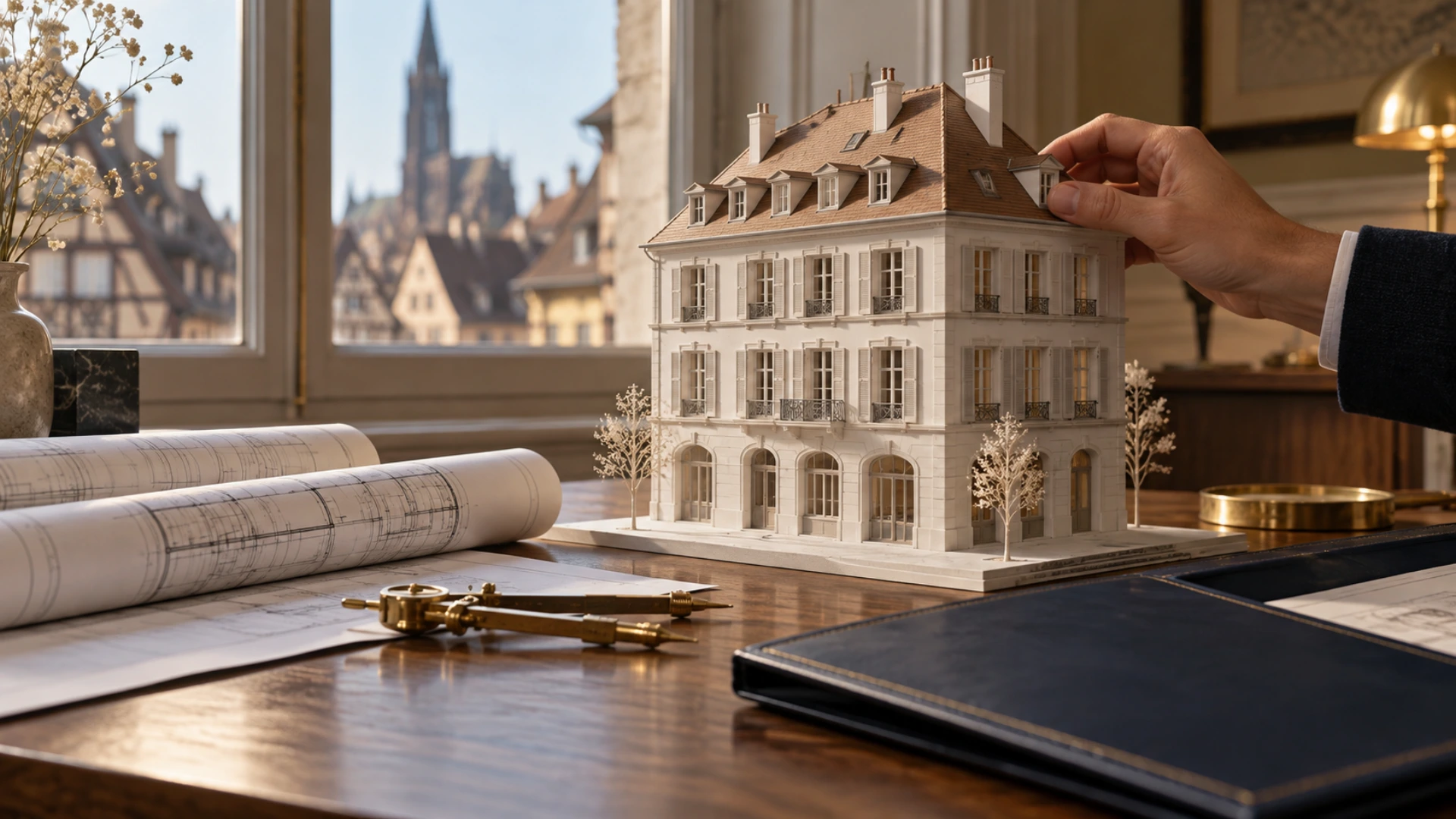 Maquette blanche d’un immeuble alsacien sur une table en noyer, plans roulés et compas en laiton