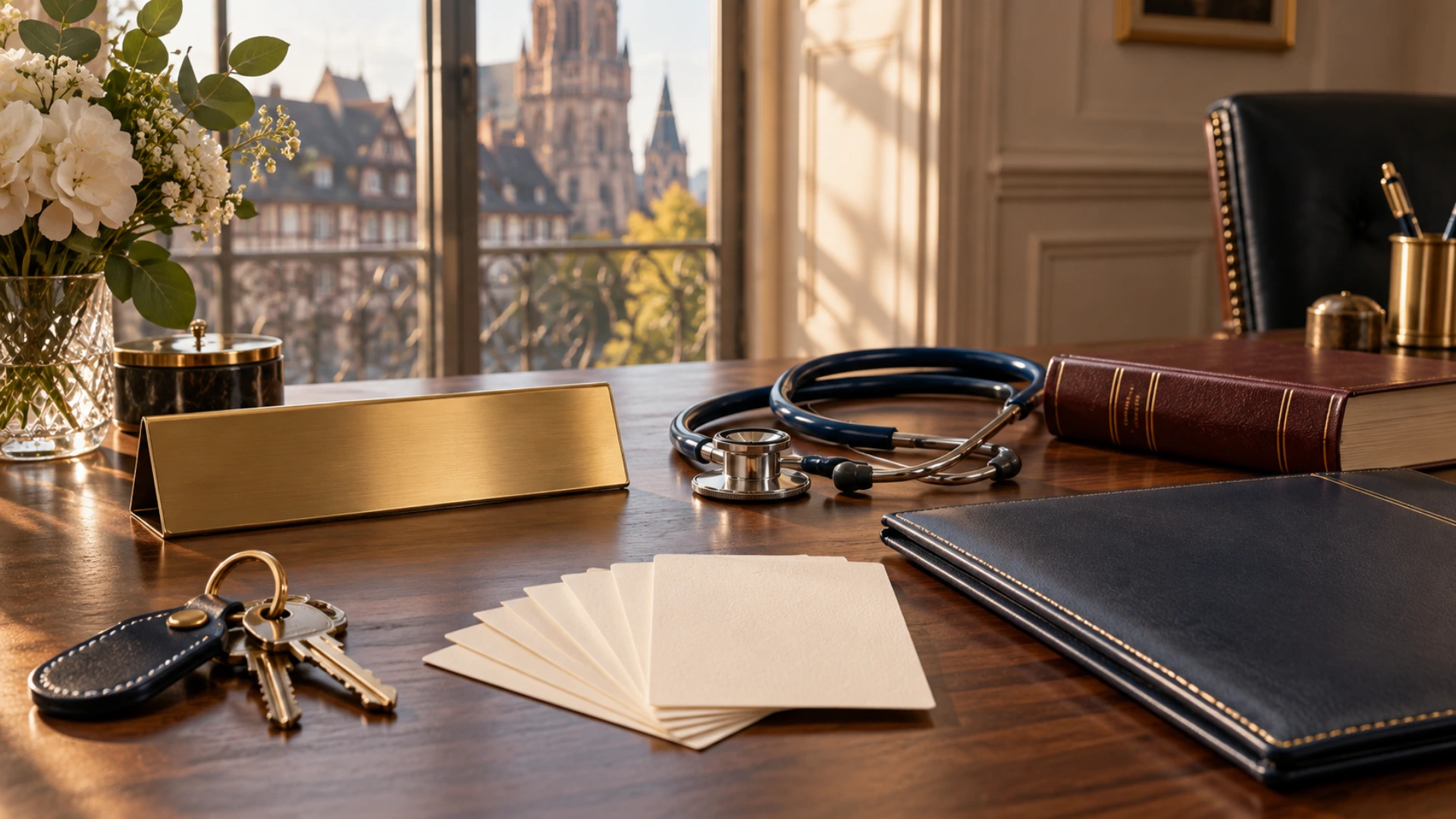 Plaque professionnelle en laiton vierge, stéthoscope, code relié et cartes de rendez-vous sur un bureau en noyer