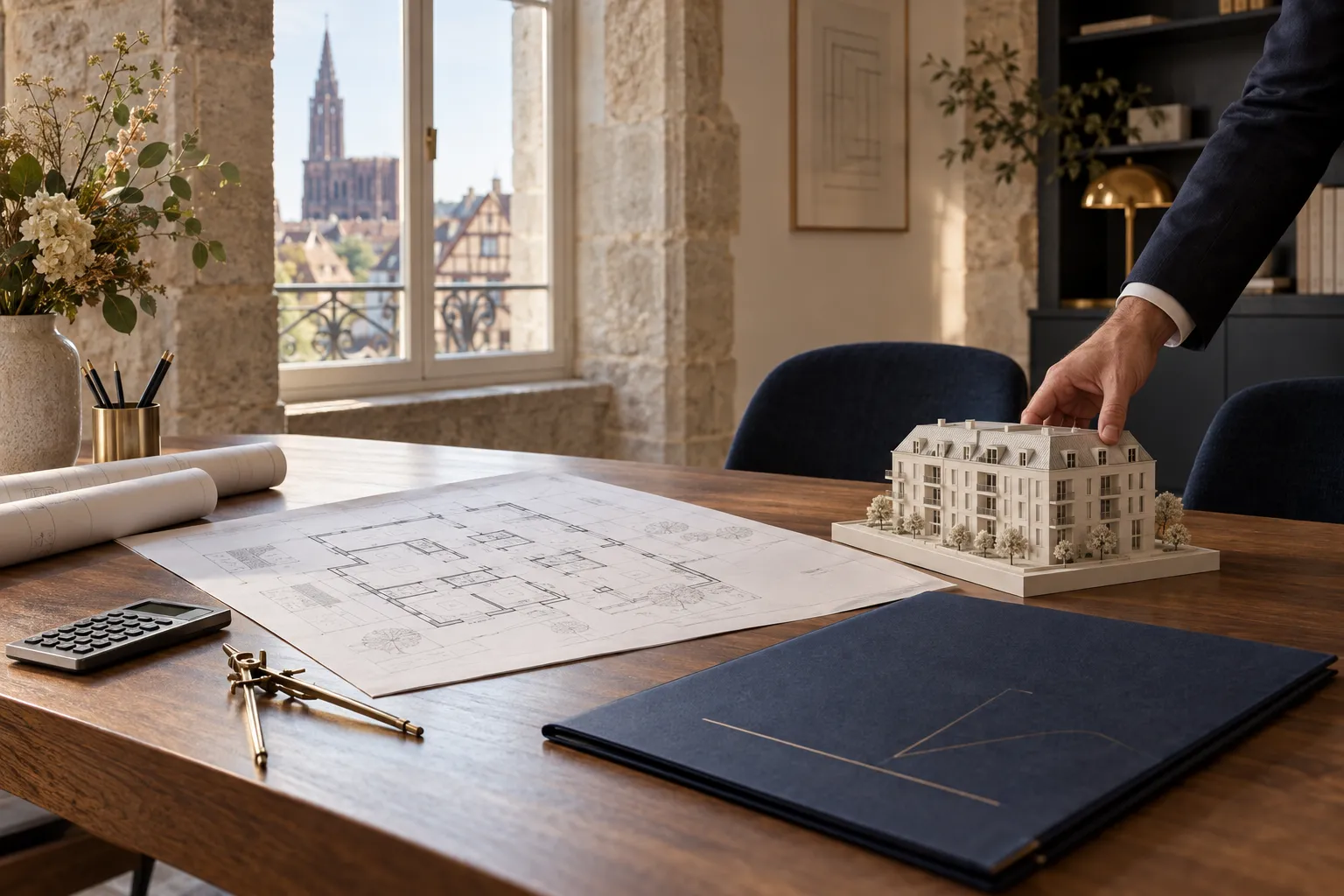 Étude d’un projet immobilier : maquette d’immeuble, plans et dossier de financement sur un bureau